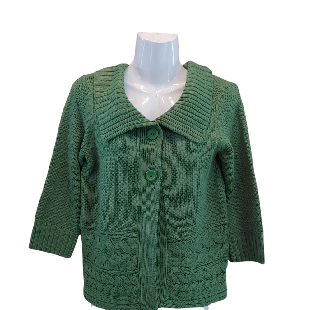 St Johns bay women's chunky cable knit green cardigan sweater jacket size PM